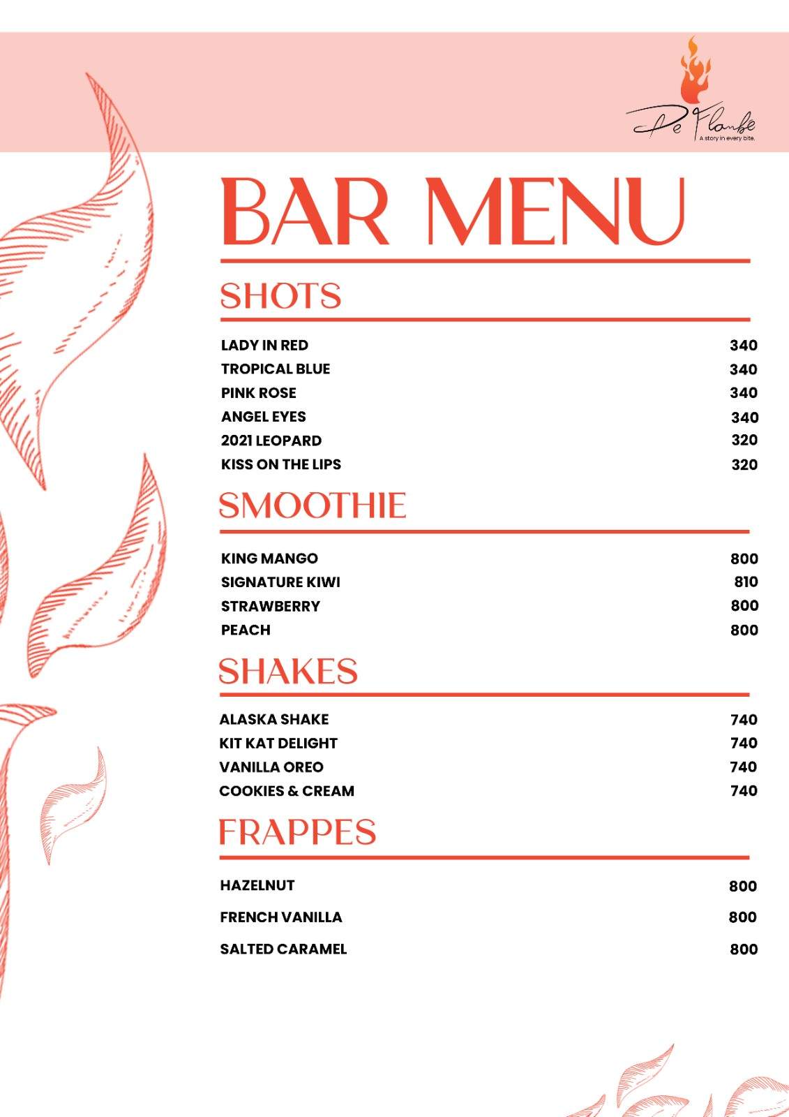 De Flambe Menu of Shots, Smoothie, Shakes, and Frappes