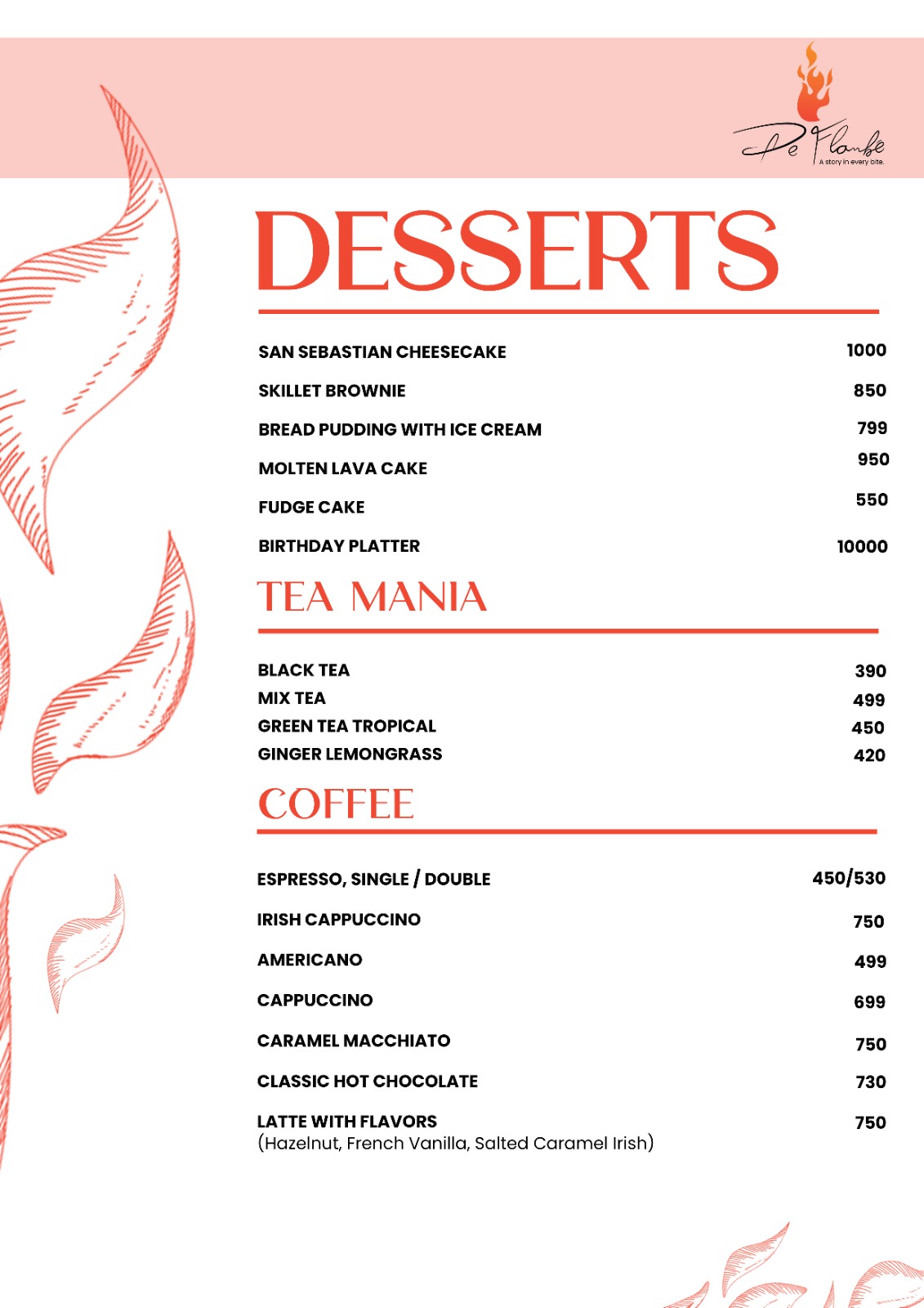 De Flambe Menu of Desserts