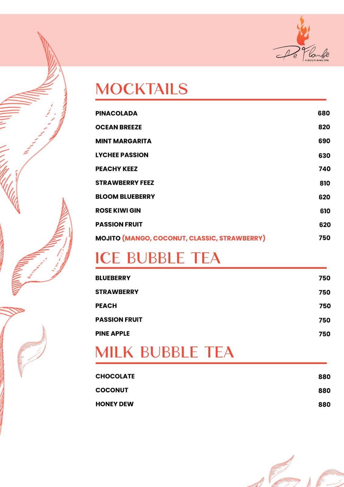 De Flambe Menu of Mocktails