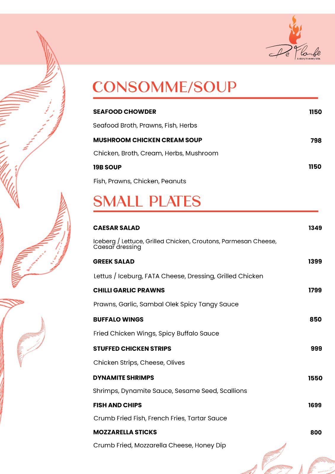 De Flambe Menu of Soup Symphony and Taste Teasers