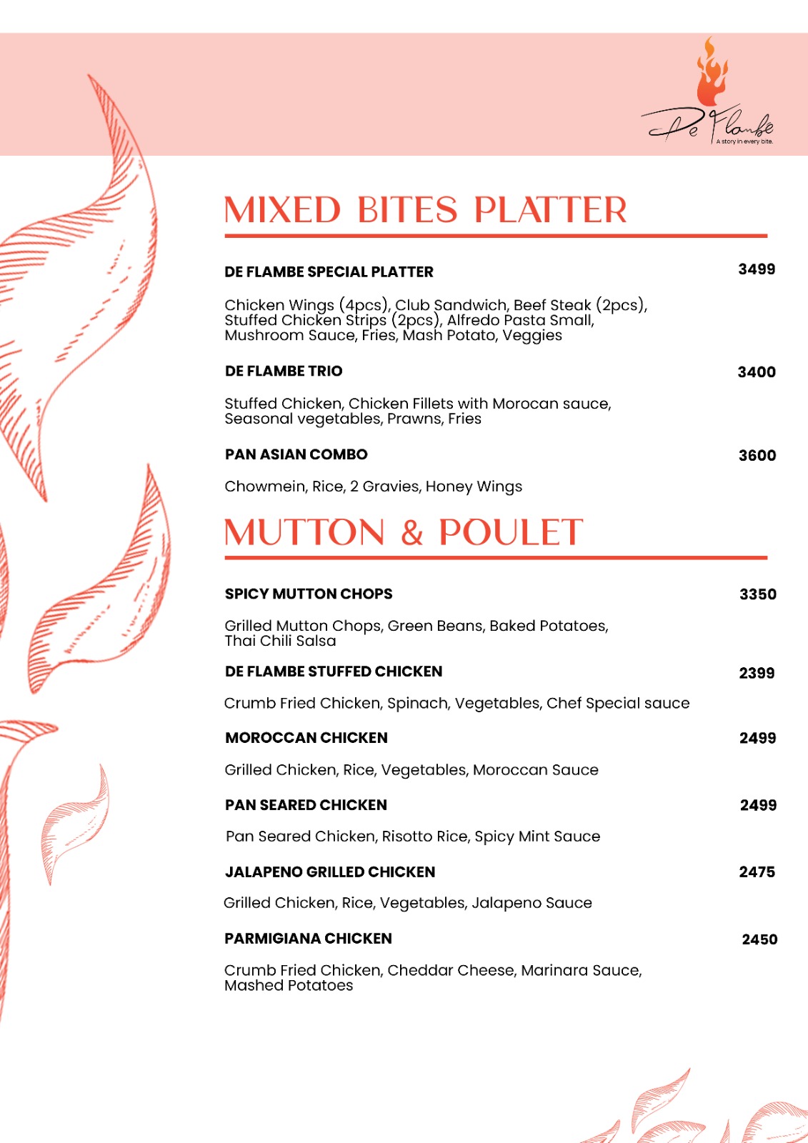 De Flambe Menu of Taste Teasers and Poultary & Meat Pleasures