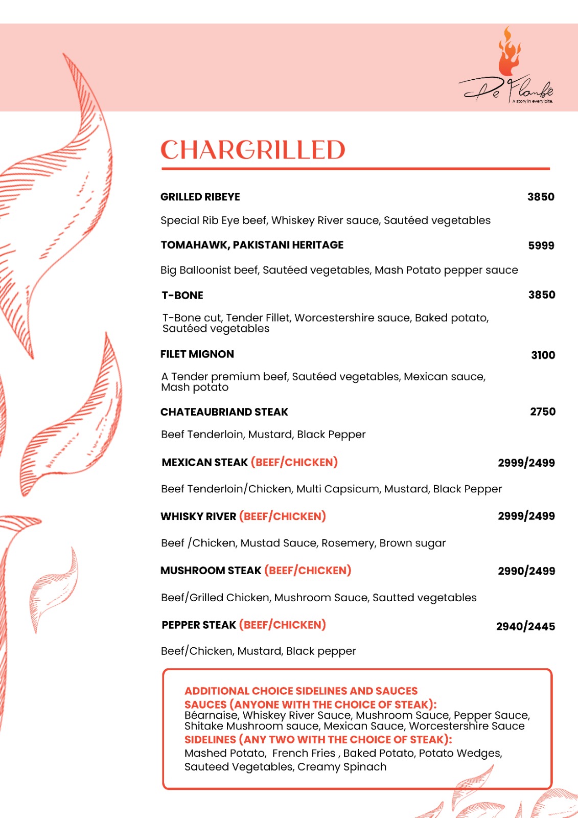 De Flambe Menu of Steaks(Imported & Local Beef Steaks)