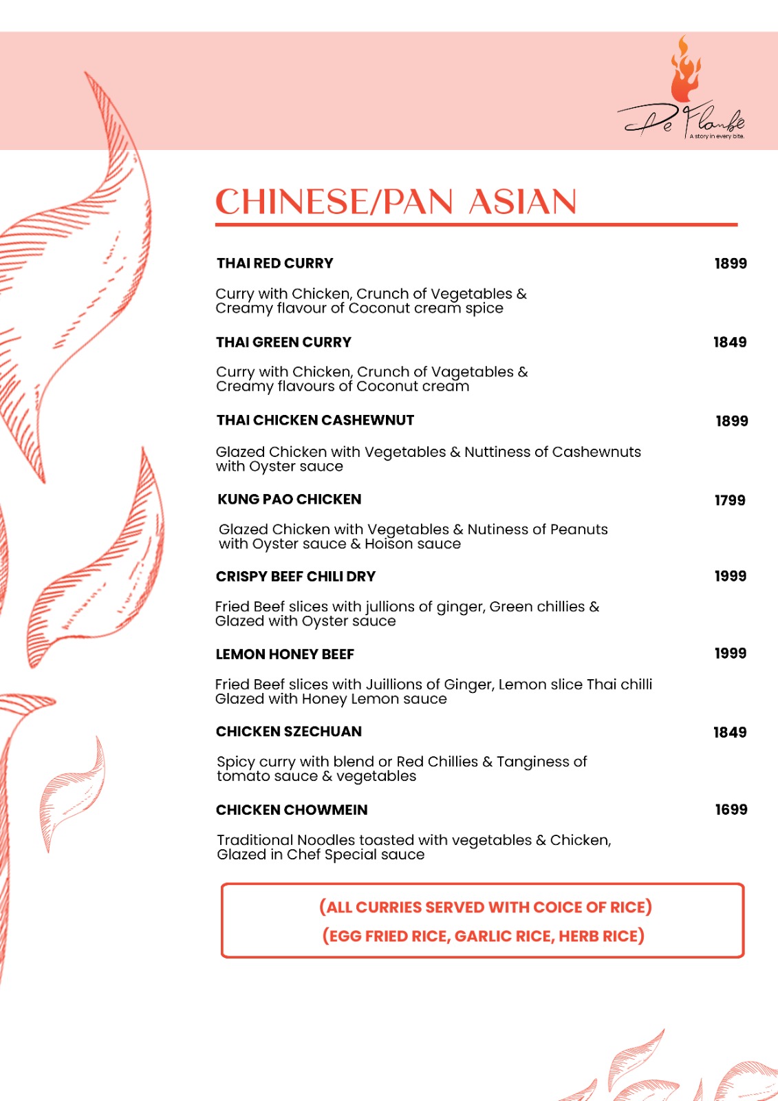 De Flambe Menu of Costal Treasure and Pasta Passion