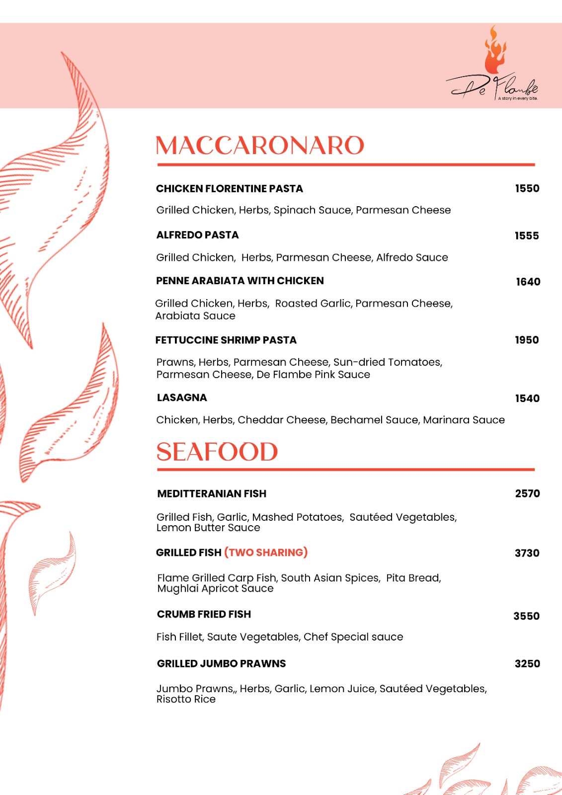 De Flambe Menu of Pasta Passion and Pizza Paradiso