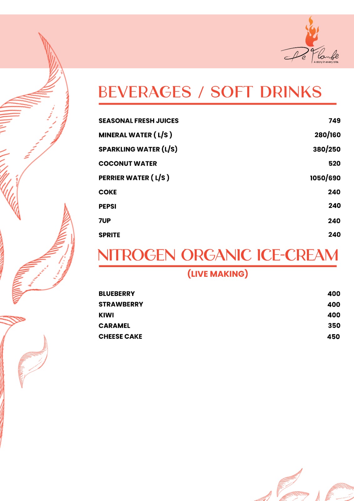 De Flambe Menu of Beverages / Soft Drinks